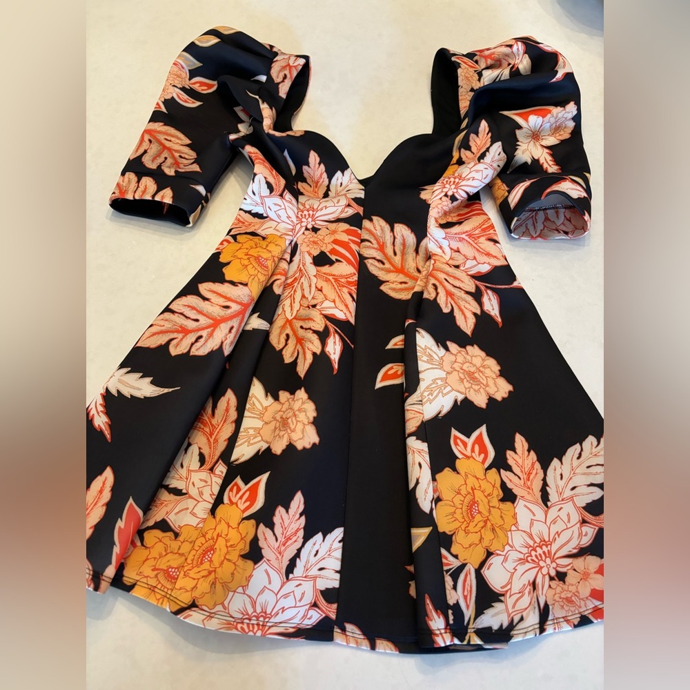 Tropical print deep V mini dress